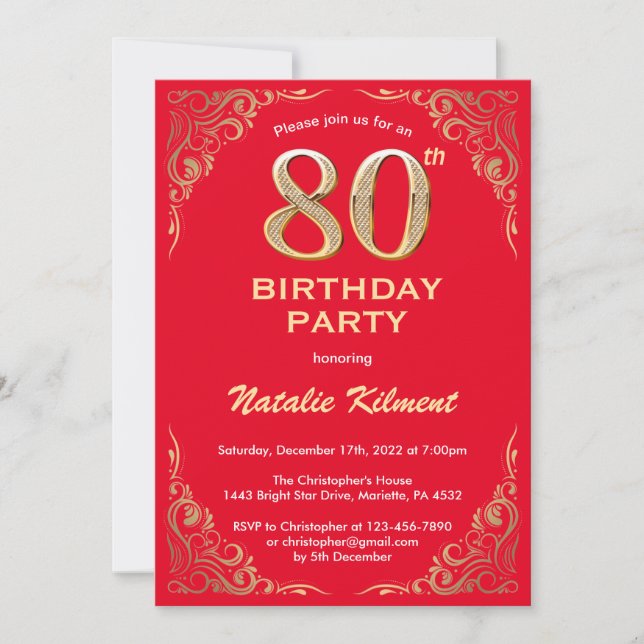 80th Birthday Red and Gold Glitter Frame Invitation (Front)