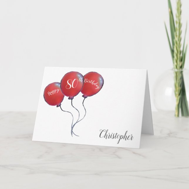 80th birthday red balloon holiday card (Front)