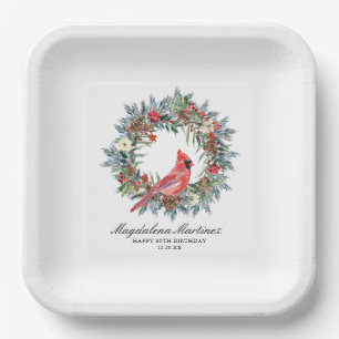 80th Birthday Red Cardinal Wreath Custom Paper Plate