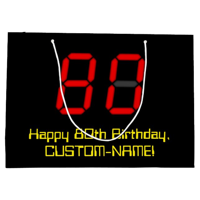 80th Birthday: Red Digital Clock Style "80" + Name Large Gift Bag (Back)