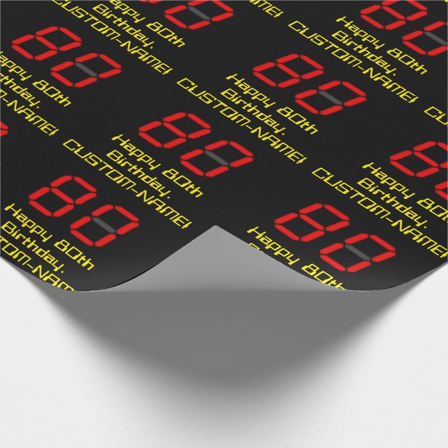 80th Birthday: Red Digital Clock Style "80" + Name Wrapping Paper (Corner)