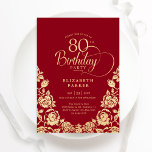 80th Birthday Red Gold Roses Invitation<br><div class="desc">Red gold elegant 80th birthday party invitation. Classy design featuring roses,  faux gold foil and typography script font. Trendy invite card perfect for a stylish female bday celebration. Personalise with your own details. Can be customised to any age. Printed Zazzle invitations or instant download digital printable template.</div>