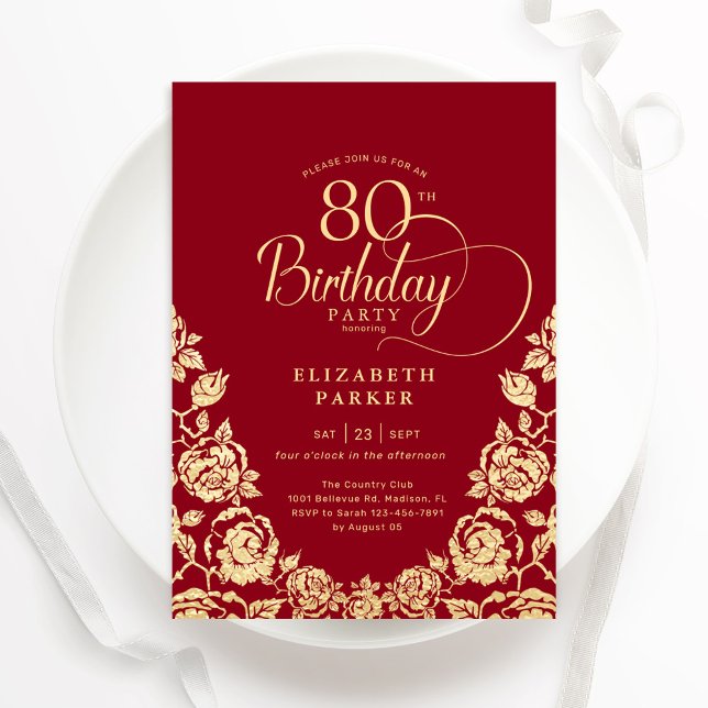 80th Birthday Red Gold Roses Invitation (Creator Uploaded)
