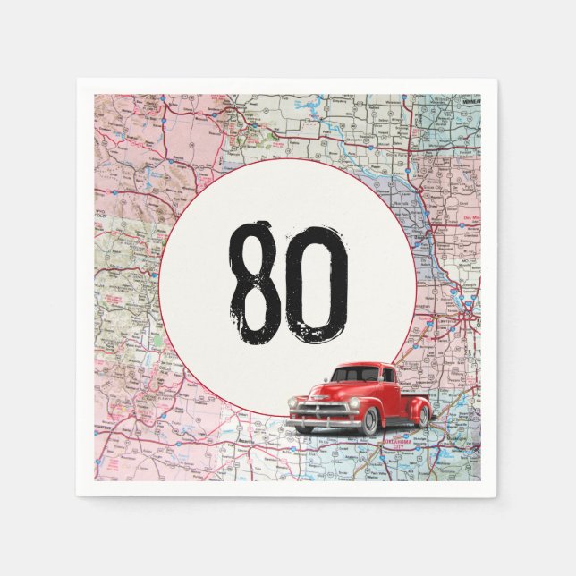 80th Birthday Red Retro Truck on Road Map  Napkin (Front)