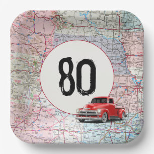 80th Birthday Red Retro Truck on Road Map Paper Plate
