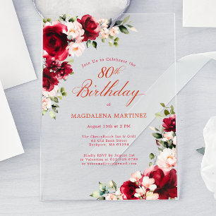 80th Birthday Red Rose Pink Peony Floral Acrylic Invitations