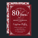 80th Birthday - Red White Damask Invitation<br><div class="desc">80th Birthday Invitation.
Elegant vintage red and white design with damask pattern. Features script font. Cheers to 80 years! Can be personalized into any age! Message me if you need further customization.</div>