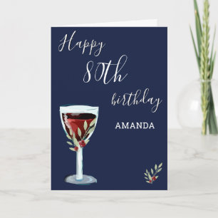 80th Birthday Red Wine Rose Watercolor Navy Blue Card