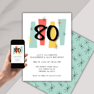80th Birthday Retro Midcentury Modern Colourful Invitation