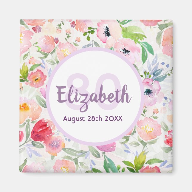 80th birthday romantic watercolored pink flowers magnet (Front)
