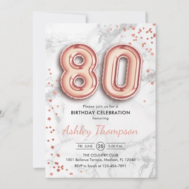80th Birthday - Rose Gold Balloons Marble Effect Invitation (Front)