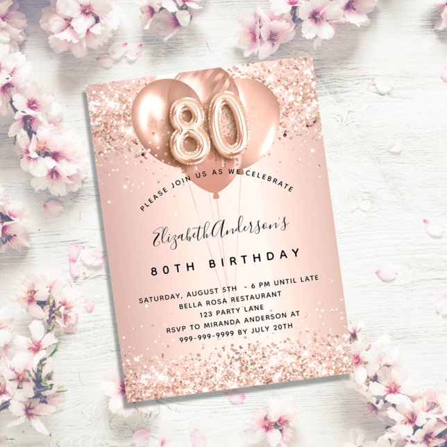 80th birthday rose gold blush balloons elegant invitation (Creator Uploaded)