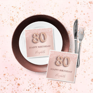 80th birthday rose gold blush glitter drips name napkin