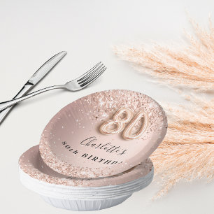 80th birthday rose gold blush pink name paper plate