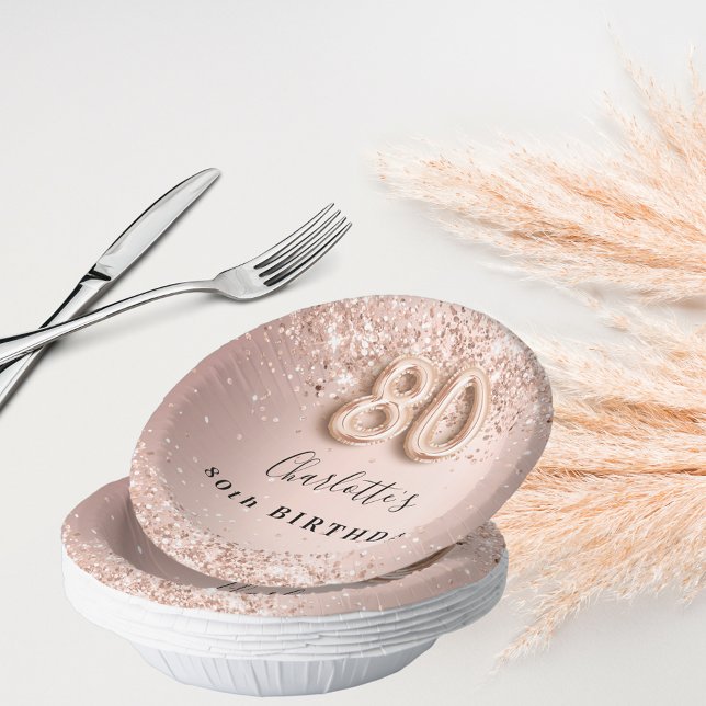 80th birthday rose gold blush pink name paper plate (Creator Uploaded)