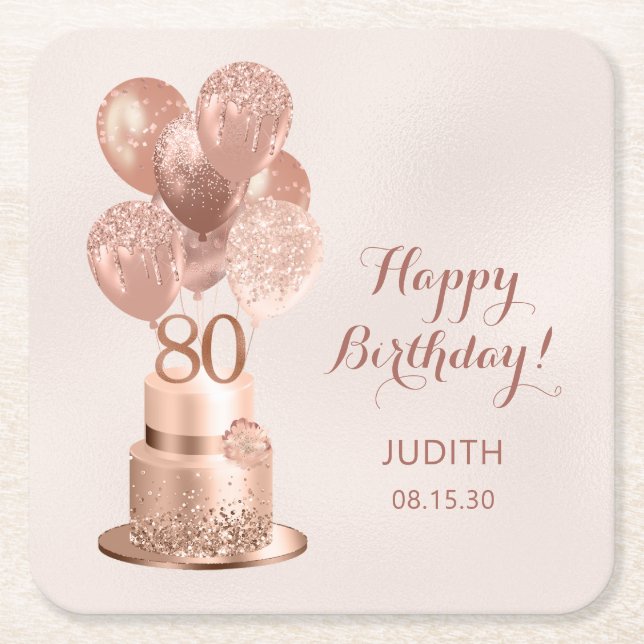 80th Birthday Rose Gold Cake  Square Paper Coaster (Front)