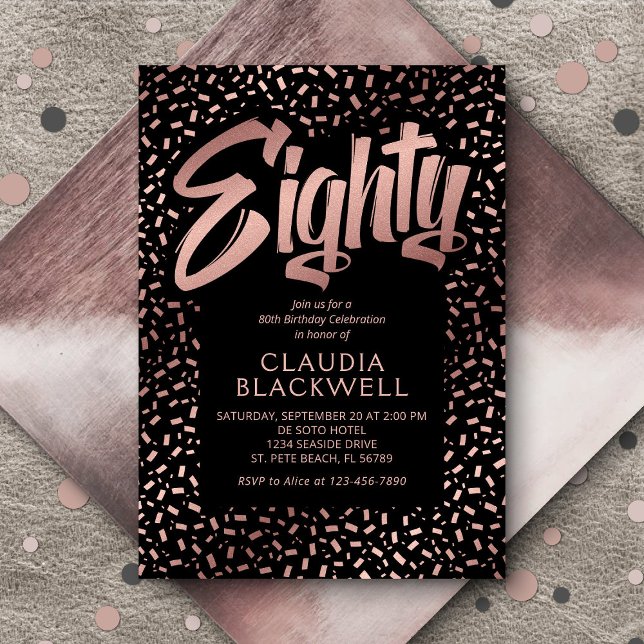 80th Birthday Rose Gold Confetti Invitation (Creator Uploaded)