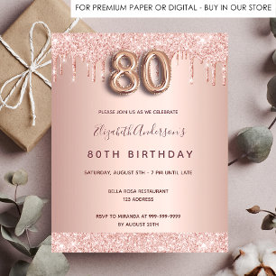80th birthday rose gold glitter budget invitation flyer
