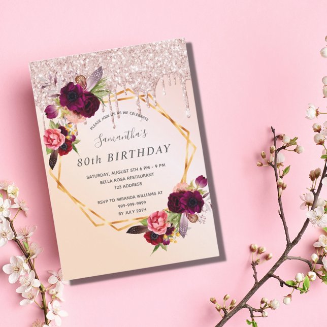 80th birthday rose gold glitter burgundy florals invitation (Creator Uploaded)
