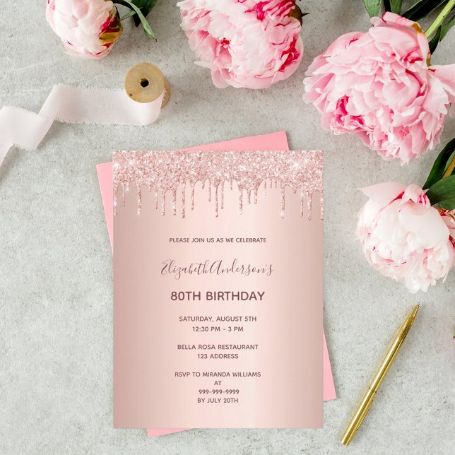 80th birthday rose gold glitter drip invitation postcard (Creator Uploaded)