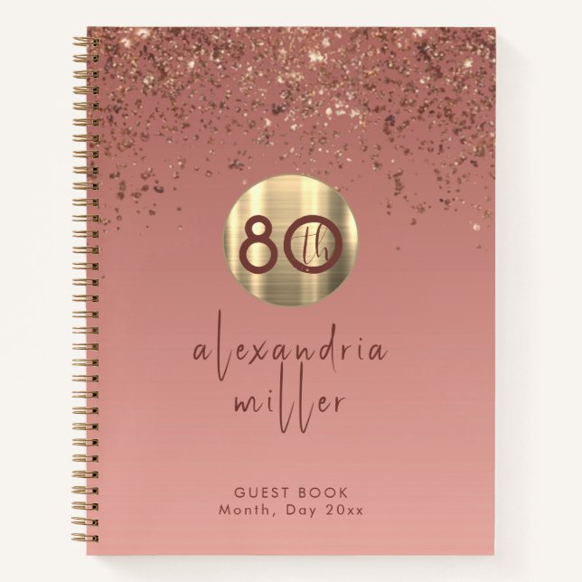 80th Birthday Rose Gold Glitter Guestbook Notebook (Front)