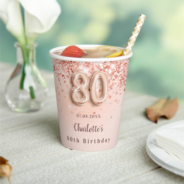 80th birthday rose gold glitter monogram name paper cups (Insitu)