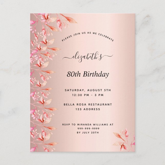 80th birthday rose gold pink floral invitation postcard (Front)