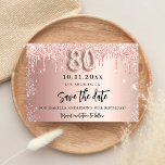 80th birthday rose gold pink silver save the date<br><div class="desc">A Save the Date for a 80th birthday party. Rose gold gradient background decorated with rose gold and faux silver drips. Personalise and add a date and name/text. The text: Save the Date is written with a large trendy hand lettered style script with swashes. Number 80 with a balloon style...</div>