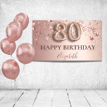 80th birthday rose gold pink stars balloon script banner<br><div class="desc">Elegant, classic, glamourous and girly for a 80th birthday party. Rose gold and blush pink, gradient background. Decorated with rose gold and pink stars. Personalise and add a name. With the text: Happy Birthday. The name is written with a modern dark rose coloured hand lettered style script. Number 80 is...</div>