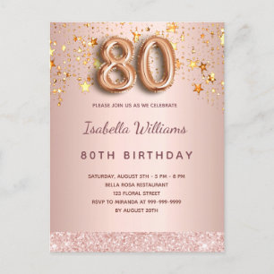 80th birthday rose gold pink stars balloon script postcard