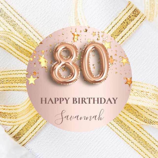 80th birthday rose gold stars pink balloon font classic round sticker (Creator Uploaded)