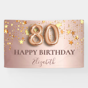 80th birthday rose gold stars pink balloon script banner