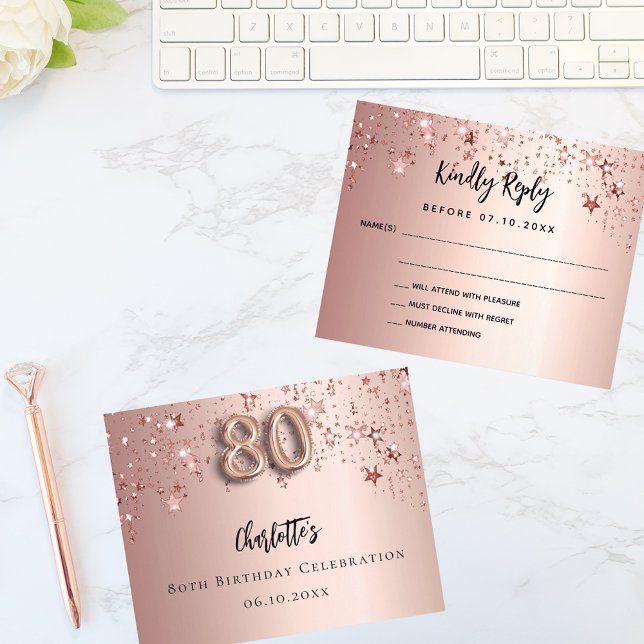 80th birthday rose gold stars RSVP budget card (Creator Uploaded)