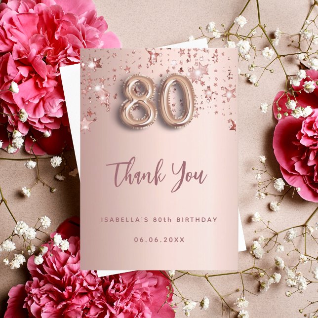 80th birthday rose gold stars thank you card (Creator Uploaded)