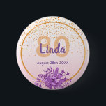 80th birthday rose gold with confetti and flowers 6 cm round badge<br><div class="desc">Glamourous with elegant and modern rose gold, blush pink gradient backdrop for a 80th birthday. With a faux gold frame, and ultra violet and purple coloured watercolored flowers and golden confetti rain. Templates for name, age and date, purple and golden coloured letters. Perfect as party favour or as a save...</div>