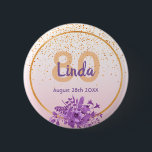 80th birthday rose gold with confetti and flowers 6 cm round badge<br><div class="desc">Glamourous with elegant and modern rose gold, blush pink gradient backdrop for a 80th birthday. With a faux gold frame, and ultra violet and purple coloured watercolored flowers and golden confetti rain. Templates for name, age and date, purple and golden coloured letters. Perfect as party favour or as a save...</div>