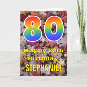 80th Birthday; Rustic Autumn Leaves; Rainbow "80" Card