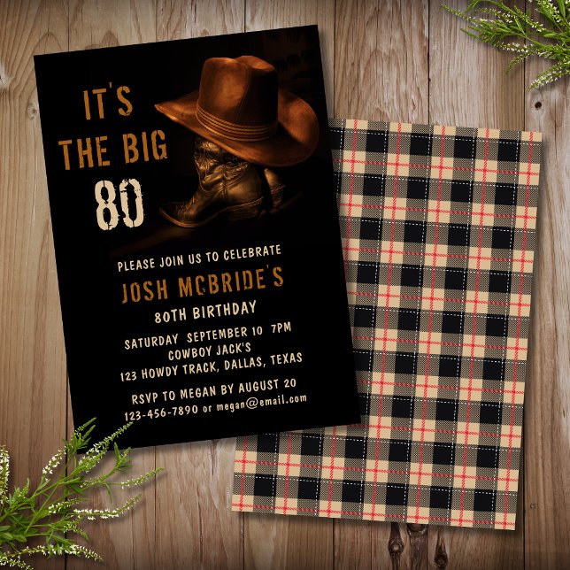 80th Birthday Rustic Cowboy Country Hat Boots Invitation (Creator Uploaded)