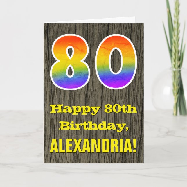 80th Birthday: Rustic Faux Wood Look, Rainbow "80" Card (Front)