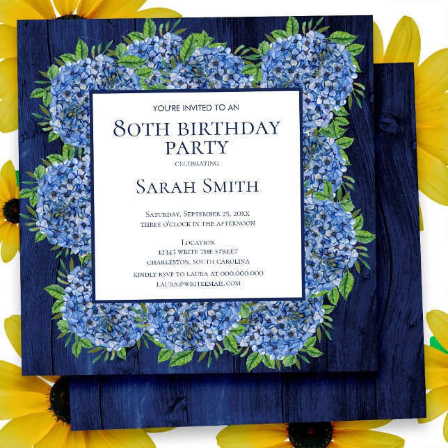 80th Birthday Rustic Wood Blue Hydrangeas Party Invitation (Creator Uploaded)