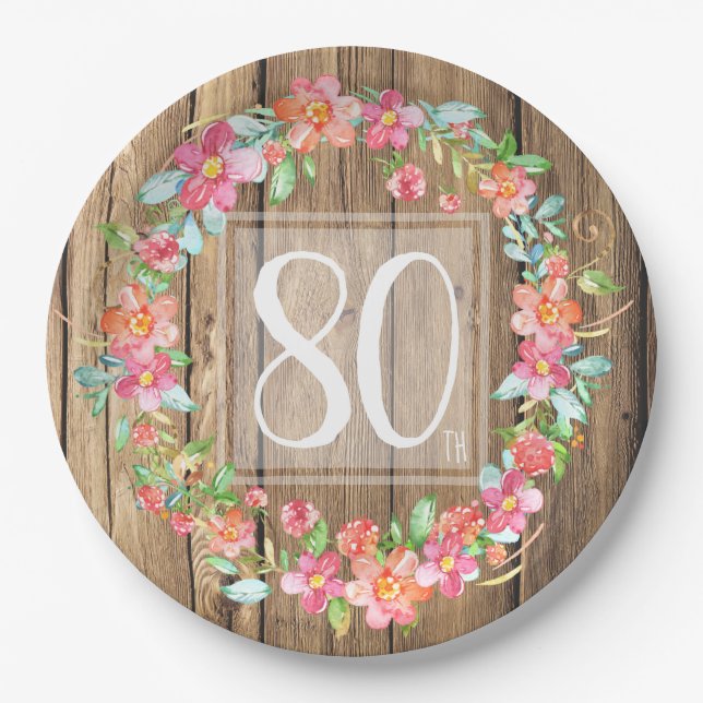 80th birthday rustic wood watercolor flowers paper plate (Front)