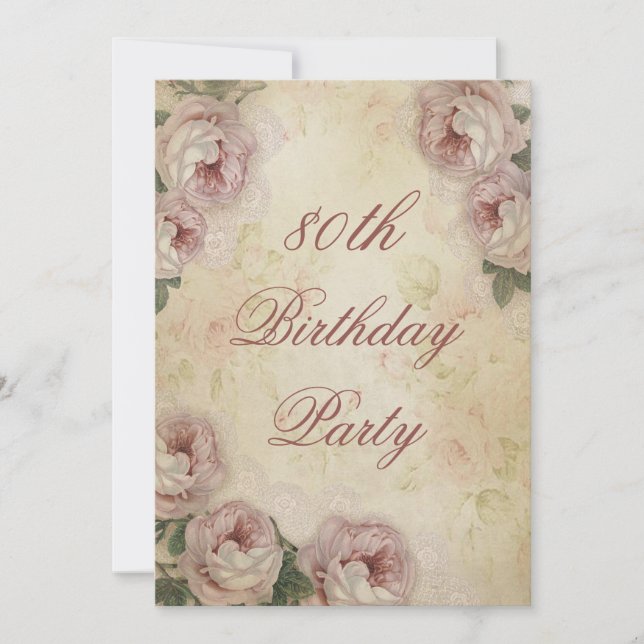 80th Birthday Shabby Chic Roses and Lace Invitation (Front)