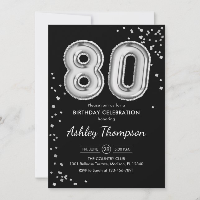 80th Birthday - Silver Balloons Black Invitation (Front)