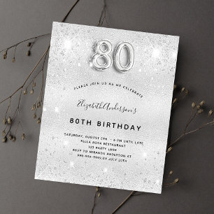 80th birthday silver glitter budget invitation flyer