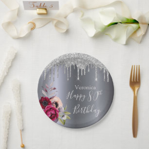 80th birthday silver glitter drip flowers burgundy paper plate