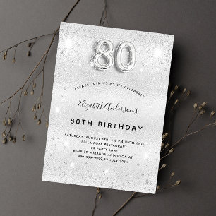 80th birthday silver glitter glamourous invitation postcard