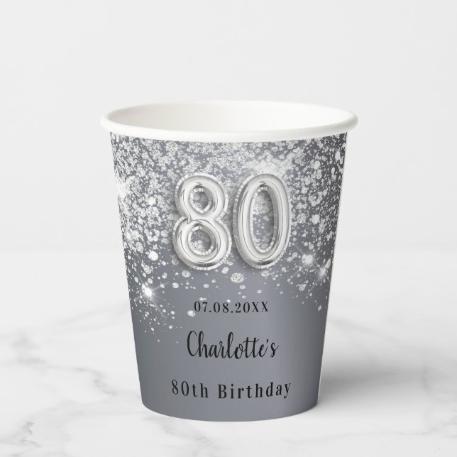80th birthday silver glitter monogram name paper cups (Back)
