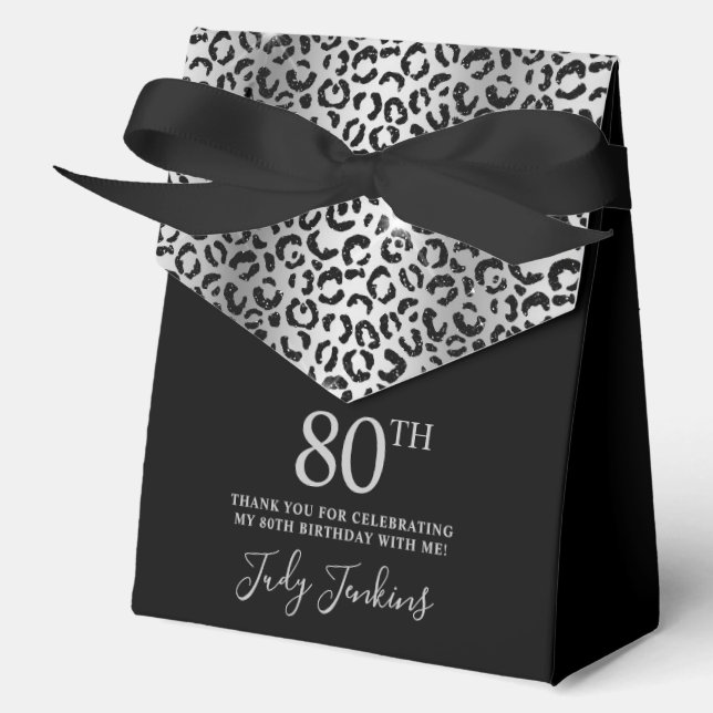 80th Birthday Silver Leopard Print Thank You  Favour Box (Front)