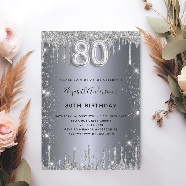 80th birthday silver metal glitter dust glam  invitation (Creator Uploaded)