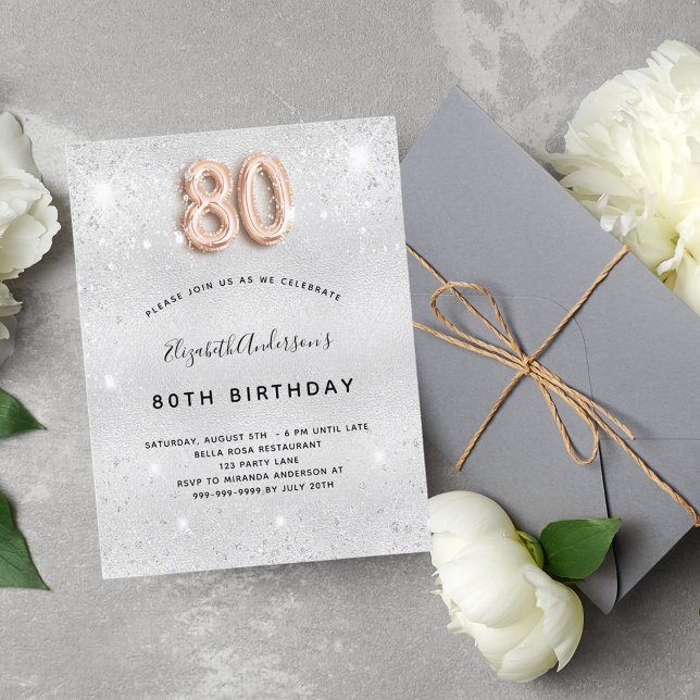 80th birthday silver metal rose gold glitter invitation postcard (Creator Uploaded)
